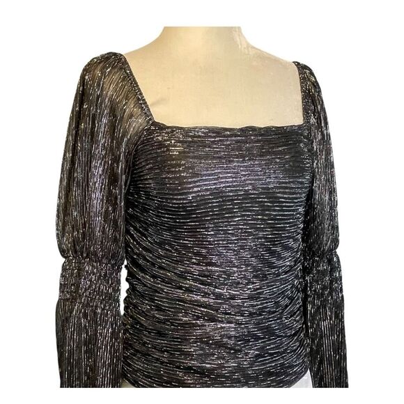 Line & Dot Olivia Mesh Blouse Black Silver Stripe Long Sleeve Metallic S Line - Picture 4 of 11